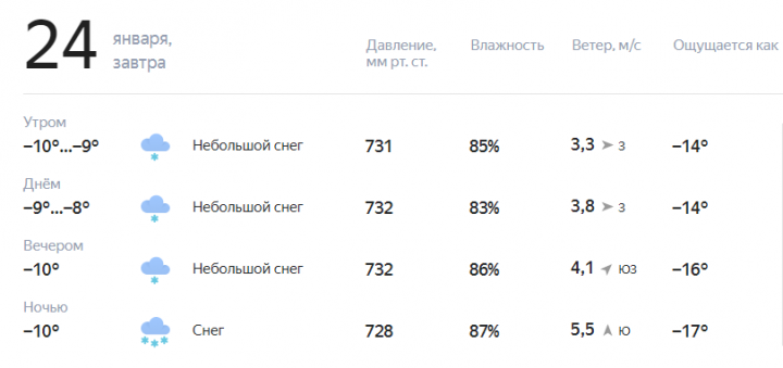 Прогноз погоды на завтра, 24 января