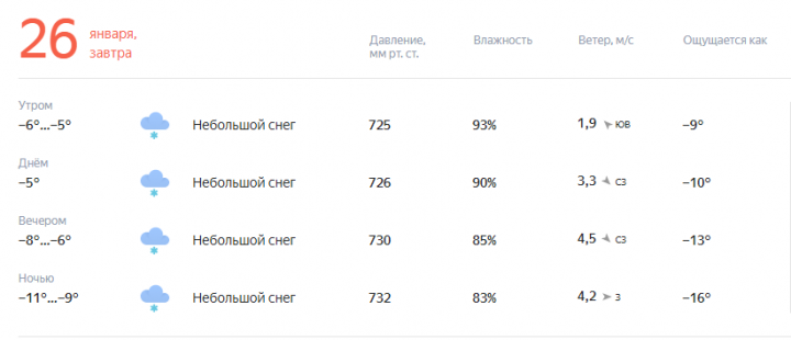 Прогноз погоды на завтра, 26 января