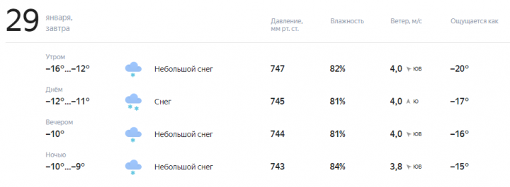 Прогноз погоды на завтра, 29 января