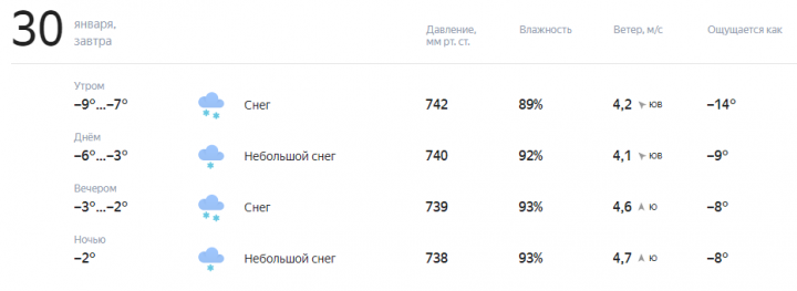 Прогноз погоды на завтра, 30 января